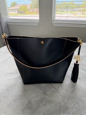 Ralph Lauren Black Leather Shoulder Bag with Gold Tassel Charm